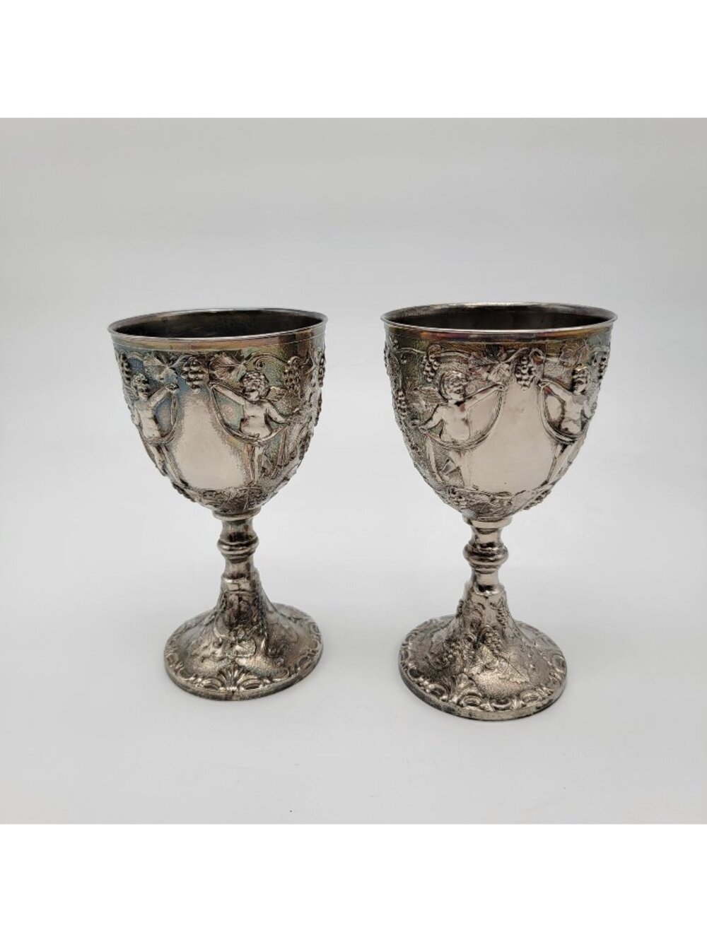 Pair Of Vintage Corbell & Co. Silver-Plated Goblets Ornate Cherub Grape Motif